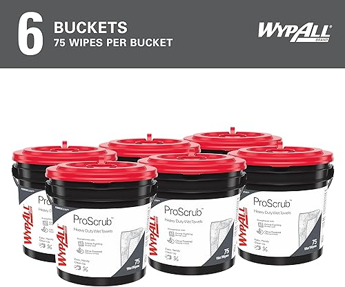 WypAll PowerClean ProScrub Heavy Duty Wet Towels (91371), Dual Action Cleaning, Large 9.5' x 12' Wipes, Bucket Included (6 Containers of 75 Sheets, 450 Sheet Total) - Poueer