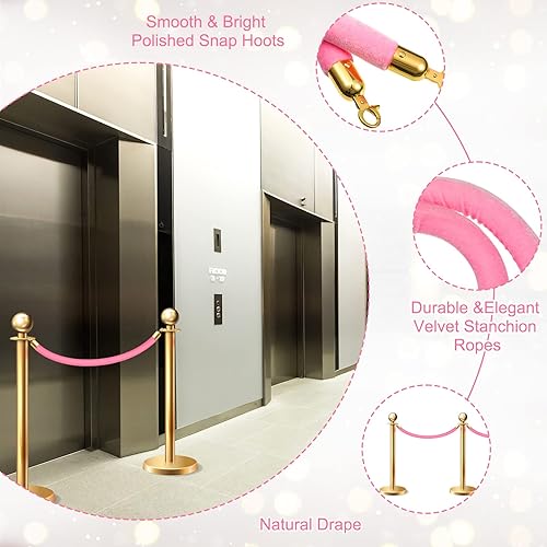 Fumete 6 Pieces Velvet Stanchion Rope Bulk 6.5 Feet Crowd Control Barriers Safety Velvet Rope with Polished Gold Hooks for Graduation Party Openings, Not Include Stanchion Post(Pink) - Poueer