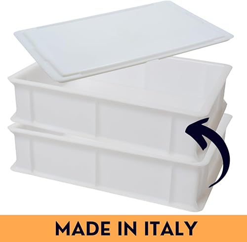 L'Oro Del Sud Home Refrigerator Size, Dough Proofing Box Tray (2 Pack + 1 lid), White Stackable, Commericial Grade, Pizza Proofing Dough Pan with Lid (16 inch x 12 inch x 4 inch), Made in Italy - Poueer