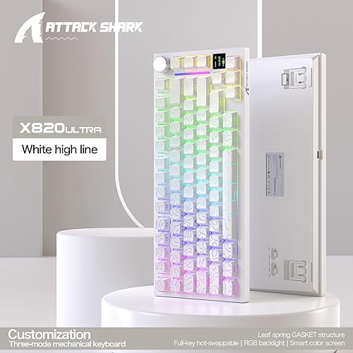 ATTACK SHARK X820ULTRA Wireless Gaming Mechanical Keyboard with TFT Smart Display&Knob,Side Printed PBT,Gasket Mounted 75% TKL Keyboard,BT5.0/2.4GHz/USB-C,RGB Backlit（White Contour,Shark Switch - Poueer