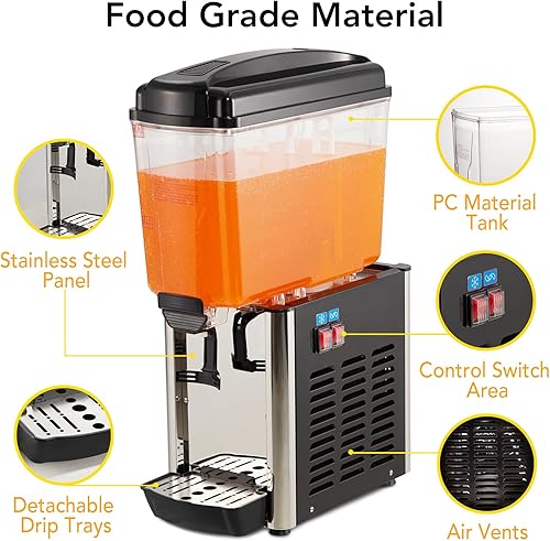 Commercial Beverage Dispenser, 1 Tank 4.8 Gal Stainless Steel Cold Drink Dispenser With 46°F-59°F Cooling Temperature, Large Cold Juice Dispenser for Home and Hospitality - Poueer