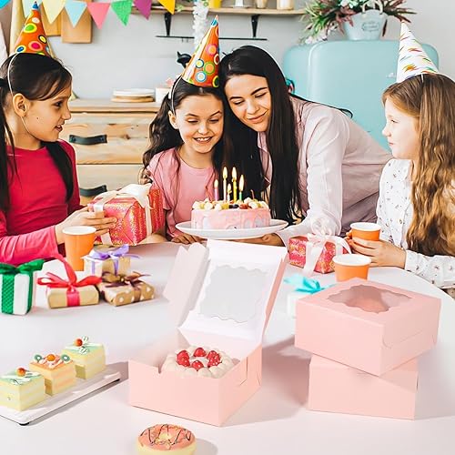 100 pcs 6x6x3 Inches Small Cake Box with Window, Bakery Pastry Cookie Boxes, Mini Pie for Pastry,Dessert,Strawberries,Chocolates, Cupcakes with paper stickers (Brown) - Poueer