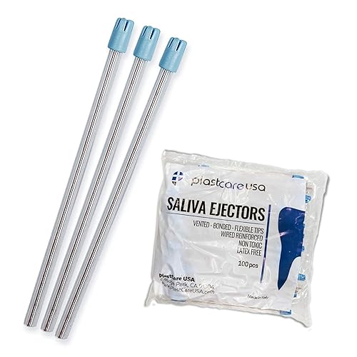 1000 Dental Saliva Ejectors Disposable - Medical Grade Latex Free Evacuation Suction Tips - Flexible Clear Tube with Blue Tip (10 Bags of 100) by PlastCare USA - Poueer