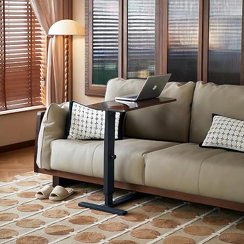 Adjustable Overbed Table with Hidden Wheels for Hospital and Home Use, Rolling Laptop Standing Desk with Wood Tabletop, Hospital Bed Table, Walnut - Poueer