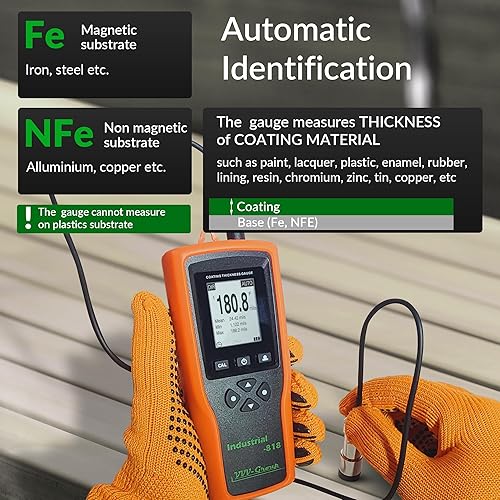 Digital Professional Coating Thickness Gauge Industrial-818 Paint Meter for Fe/NFe with Measuring Range: 0-197 mils | Resolution 0,001 mils - Poueer