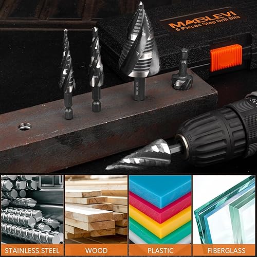 MABLEVI 5 Pcs Four Spiral Flute Step Drill Bit Set, 1/8'-1-3/8' HSS Unibit Step Drill Bit, 1/4' and 3/8' Shank Step Bit for Metal, Stainless Steel, Aluminum, Wood, Plastic - Poueer
