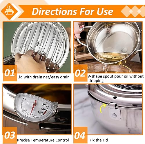 Deep Fryer Pot, 11 Inch 4.2L Stainless Steel Japanese Tempura Frying Pot with Lid, Temperature Control, Oil Drip Drainer Rack for Fried Chicken, Shrimp, French Chips - Poueer