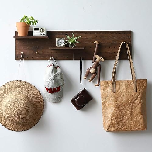 Wooden Pegboard, Sturdy Peg Board for Walls Modular Grid Organizer, DIY Storage and Display Panels with Shelves and Brass Hooks(Brown) - Poueer