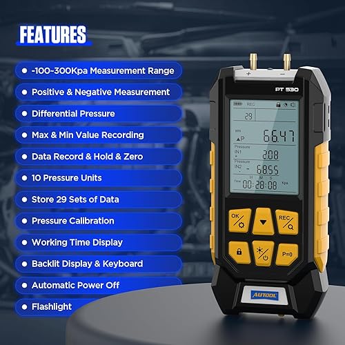 AUTOOL Manometer Gas Pressure Tester,Digital Manometer HVAC,11 Units Differential Dual Port Pressure Gauge -100 to 200Kpa,Data Zeroing with Backlight LCD Display - Poueer