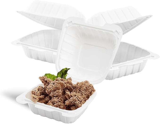 #pp225 6'x6'x3' Mineral Filled PP Hinge Container, 1 Compartment-White, Microwave Safe, Secure Lock Lock, Salad, Rice - Poueer