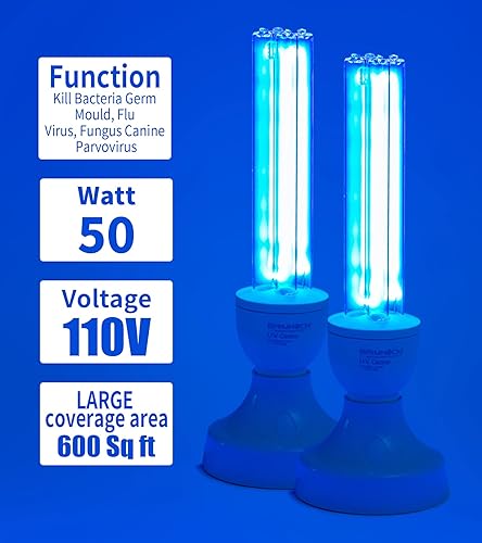 BAIMNOCM 50 Watt UV Light, UVC Germicidal Lamp with E26 Base and Remote Control, Home Disinfection Device UV Light Bulb for Basement/Bedroom/Kitchen, 2x25W Ultraviolet Light Lamp - Poueer