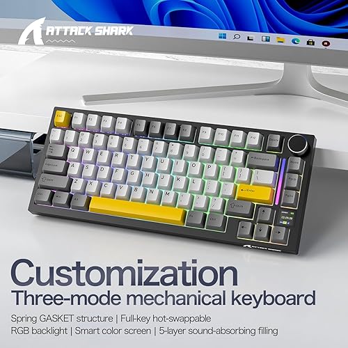 ATTACK SHARK X820ULTRA Wireless Gaming Mechanical Keyboard with TFT Smart Display&Knob,Side Printed PBT,Gasket Mounted 75% TKL Keyboard,BT5.0/2.4GHz/USB-C,RGB Backlit（White Contour,Shark Switch - Poueer