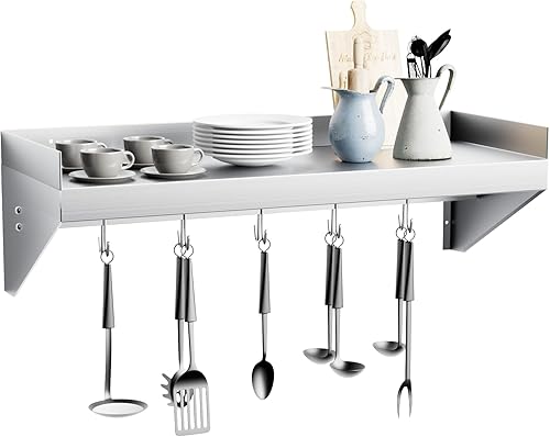 Stainless Steel Shelf 36 * 12 in, Stainless Steel Wall Shelf with 5 Hooks, Kitchen Shelf Wall Shelves Steel Floating Shelf for Kitchen, Commercial Restaurant, Laundry Room, Bar, Microwave - Poueer
