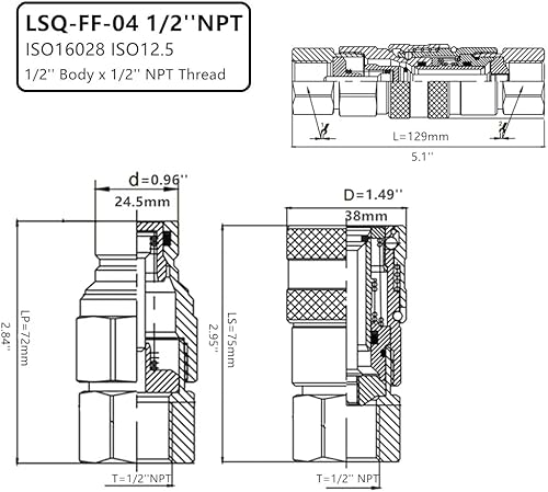 1/2'' NPT Flat Face Hydraulic Quick Connect Coupling Set Skid Steer Loader Quick Disconnect Coupler with Dust Caps ISO12.5 - Poueer