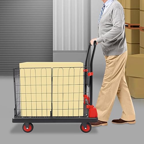 TFCFL Heavy Duty Hand Truck with Cage Cart Dolly Cart Platform Truck Cart with Cage 35.43 * 23.62 * 39.37in with Wheels Load Multipurpose Grocery Cart Shopping Moving Storage (330LBS) - Poueer