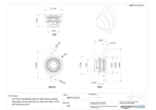 SKF FYTB 15 TF Ball Bearing Flange Unit, 2 Bolts, Setscrew Locking, Regreasable, Contact Seal, Cast Iron, Metric, 15mm Bore, 76.5mm Bolt Hole Spacing Width - Poueer