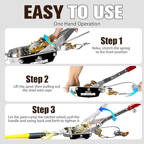 Come Along Winch Ratchet Tool 5 Ton Pulling Capacity 3 Hooks Steel Cable Dual Gear Power Puller with Two 1'x8FT Lifting Straps Hand Winch Cable Automotive Hoist Winch Puller Recovery Gear - Poueer