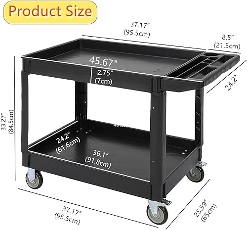 Service Cart 2-Shelf, Storage Handle, 500 lbs Capacity, for Warehouse/Garage/Cleaning/Manufacturing，45'X25' - Poueer