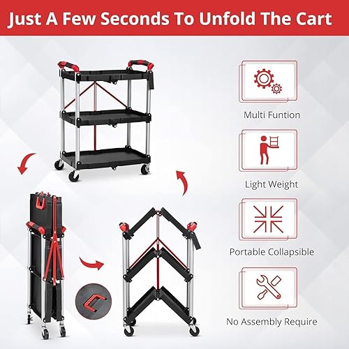 Foldable Utility Carts, 3-Tier Service Cart with Lockable Universal Wheels, Holds Folding Rolling Cart with Fixed Rope for Home, Office Garage and Warehouse No Assembly Require - Poueer