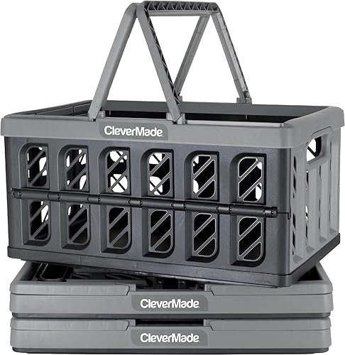 CleverMade Collapsible Shopping Basket, Ocean, 3PK - 24L (6 Gal) Reusable Plastic Grocery Shopping Baskets, Holds 25lbs Per Basket - Small Foldable Storage Crates with Handles - Poueer