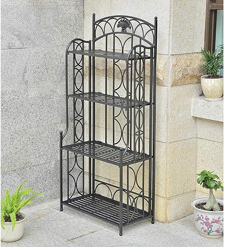 Iron 4-Tier Baker's Rack - Versatile Indoor/Outdoor Storage with Antique Black Finish, Perfect for Dishes or Garden Decor (13.5' x 26' x 57') - Poueer