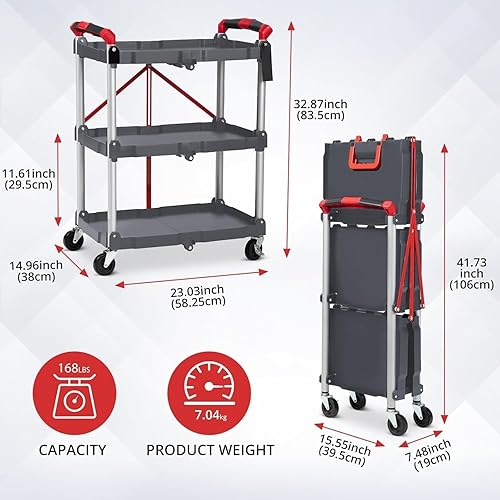 Foldable Utility Carts, 3-Tier Service Cart with Lockable Universal Wheels, Holds Folding Rolling Cart with Fixed Rope for Home, Office Garage and Warehouse No Assembly Require - Poueer
