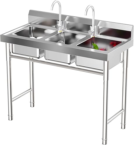 Commercial Utility Sink 3 Compartment Stainless Steel Sink Set Freestanding Restaurant Station with 2 Faucets Commercial Utility Basin for Bars, Kitchens (39 x 18 x 35.8In) - Poueer