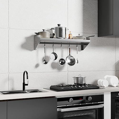 Stainless Steel Shelf 36 * 12 in, Stainless Steel Wall Shelf with 5 Hooks, Kitchen Shelf Wall Shelves Steel Floating Shelf for Kitchen, Commercial Restaurant, Laundry Room, Bar, Microwave - Poueer