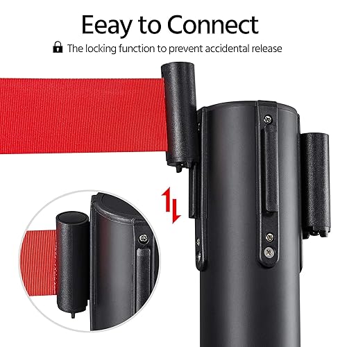 Yaheetech 4-Pack Stanchion Post Rope Barriers - Heavy Duty Black Crowd Control Stanchions 36-Inch Height with 6.5 Feet Red Retractable Belt Easy Connect Assembly - Poueer