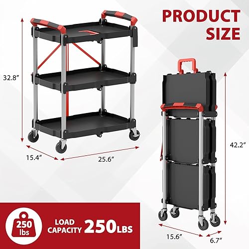 3 Tier Foldable Service Cart with Wheels, Rolling Collapsible Folding Utility Cart for Home, Office, Garage, and Warehouse (Red) - Poueer
