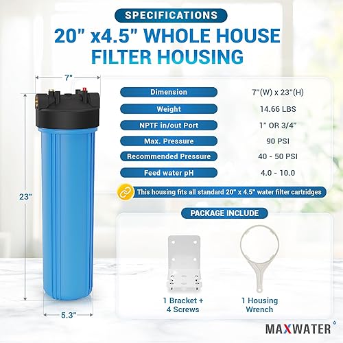 20' BB Blue Whole House Water System Filter Housing 1' NPT w/Pressure Release. Wrench and Bracket - Poueer