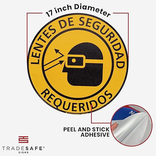 TRADESAFE Safety Glasses Required Anti-Slip Floor Sticker - Eye Protection Required Caution Sign, Peel and Stick Adhesive Vinyl Sign, ANSI-Compliant, 17” Diameter Round Sticker - Poueer