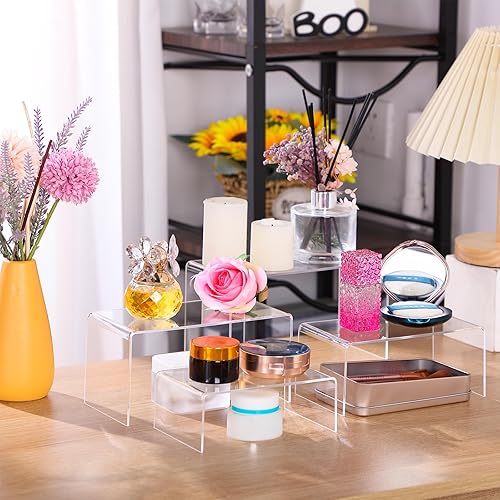 Chuangdi 20 Pcs Acrylic Display Risers, Clear Product Stand, Jewelry Display Riser Shelf Showcase Fixtures for Figure Dessert Cupcake Candy Action Showcase(Super Large Set) - Poueer