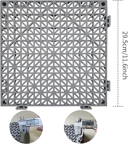 12 Pack Modular Interlocking Cushion 11.6' x 11.6' Rubber Mat Floor Tile Mats Drain Pool Patio Balcony Yard Pet Area Washer Pad(Black) - Poueer