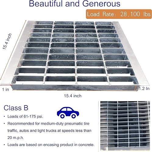 Galvanized Steel Drain Grate with Base, 16x16 Outdoor Drain Cover and Frame, B Class Sewer Grate with Lip, Durable Heavy Duty Channel Grate, Sliver Square Drainage Grate Driveway - Poueer