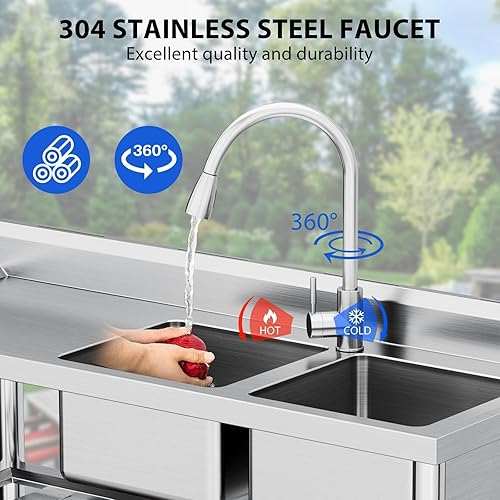 Stainless Steel Utility Sink with Pull-Down Faucet - 47x18x32 Inch Freestanding Double Bowl Commercial Sink Set, NSF Certified for Kitchen, Restaurant & Garage Use - Poueer