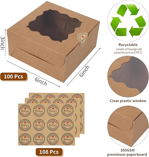 100 pcs 6x6x3 Inches Small Cake Box with Window, Bakery Pastry Cookie Boxes, Mini Pie for Pastry,Dessert,Strawberries,Chocolates, Cupcakes with paper stickers (Brown) - Poueer