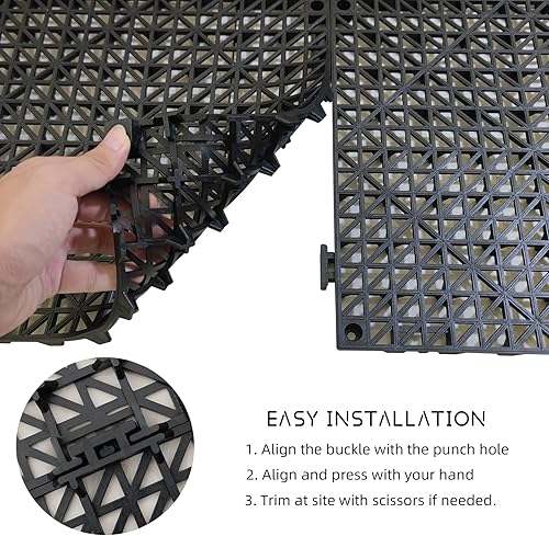 12 Pack Modular Interlocking Cushion 11.6' x 11.6' Rubber Mat Floor Tile Mats Drain Pool Patio Balcony Yard Pet Area Washer Pad(Black) - Poueer