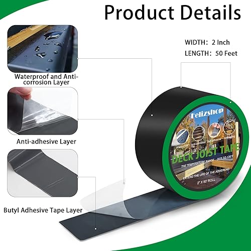 Butyl Joist Deck Tape, 2' X 50' Deck Joist Tape Waterproof Flashing Tape, Weather Resistance Self-Adhesive Joist Tape Decking for Deck Joist Beams Protection(12 Rolls) - Poueer