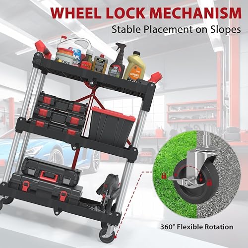 3 Tier Foldable Service Cart with Wheels, Rolling Collapsible Folding Utility Cart for Home, Office, Garage, and Warehouse (Red) - Poueer