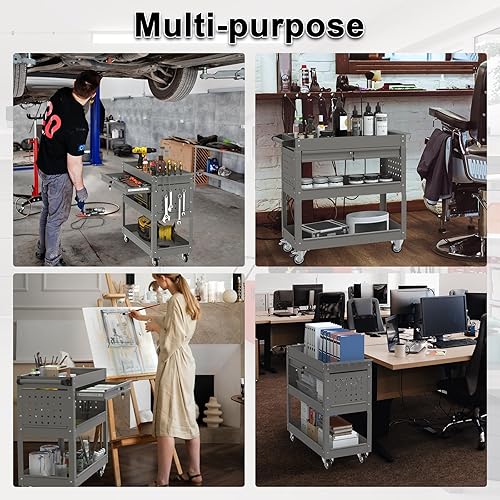 3 Tier Foldable Service Cart with Wheels, Rolling Collapsible Folding Utility Cart for Home, Office, Garage, and Warehouse (Red) - Poueer