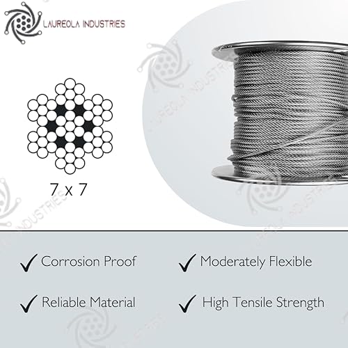 Laureola 3/32' Stainless Steel Aircraft Wire Rope 7x7 Strand 304 Grade - Versatile Uses in Construction, DIY, Outdoors, Marine Rigging, Agriculture, and Industrial Applications (250 ft) - Poueer