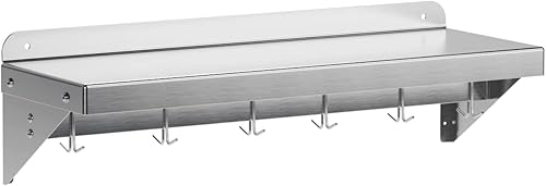 12' x 36' NSF Certified Stainless Steel Wall Mount Shelf - Multifunctional Metal Storage Rack with Backsplash and 6 Hooks - Poueer