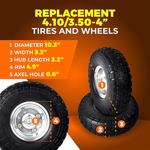 (2 Pack) 4.10/3.50-4 Flat Free Tires and Wheels with (4 Pack) 1/2' Bearings Replacement, 5/8' Bearings, 2.2' Offset Hub, for Hand Truck, Wheelbarrow - Poueer