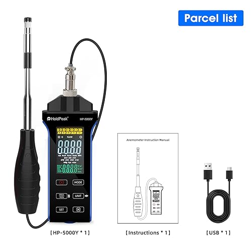 HOLDPEAK Professional Hot-Wire Anemometer, High-Precision Digital CFM/CMM Air Velocity Meter Wind Speed Gauge, HVAC Wind Temperature Tester with Telescopic Probe, Backlit LCD, USB Data Export - Poueer