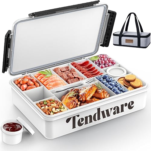 Chilled Divided Serving Tray Snackle Box Container with Ice Pack Bonus Insulated Bag 2 Dip Containers Summer Beach Essentials for Charcuterie Snack Road Trip Picnic Family Party Keep Food Fresh - Poueer