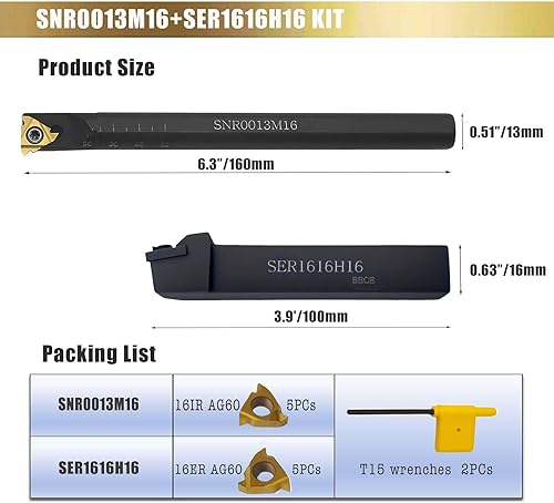 1/2' 5/8' SNR0013M16+SER1616H16 Lathe Internal Threading Holders Turning Tool Holder with 5pcs 16IR AG60+5pcs 16ER AG60 Carbide Turning Inserts - Poueer