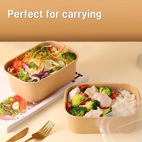 Paper Food Containers with Lids [50 pack] 35 oz Kraft Paper Meal Prep Containers with Lids, Microwavable and Freezer Storage Use Cardboard Food Containers, Disposable Take Out Containers - Poueer