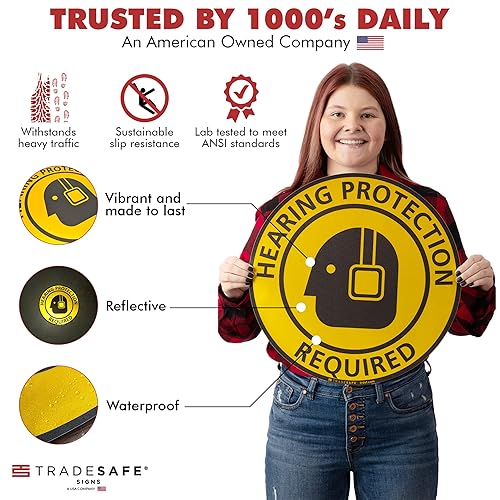 TRADESAFE Safety Glasses Required Anti-Slip Floor Sticker - Eye Protection Required Caution Sign, Peel and Stick Adhesive Vinyl Sign, ANSI-Compliant, 17” Diameter Round Sticker - Poueer