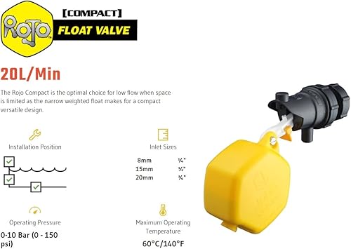 Jobe Valves J-RJVC0075 Rojo Compact Low-Pressure Valve with 2' Narrow-Weighted Float, 2' Extension Arm, 20L/Min, 150PSI, 3/4' NPT Inlet, Yellow/Black - Poueer